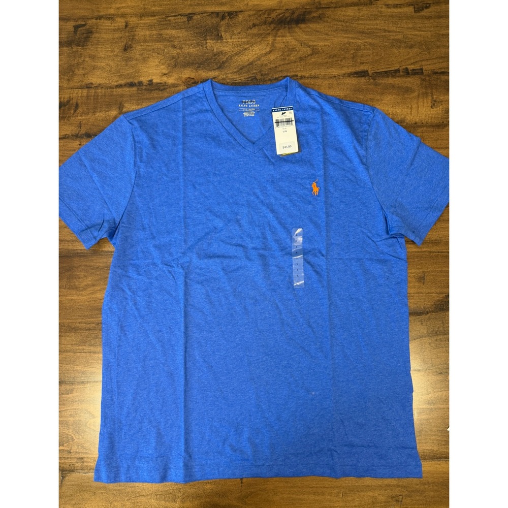 Polo Ralph Lauren Mens V-Neck T-Shirt Blue Heather Orange Pony Logo Large NWT